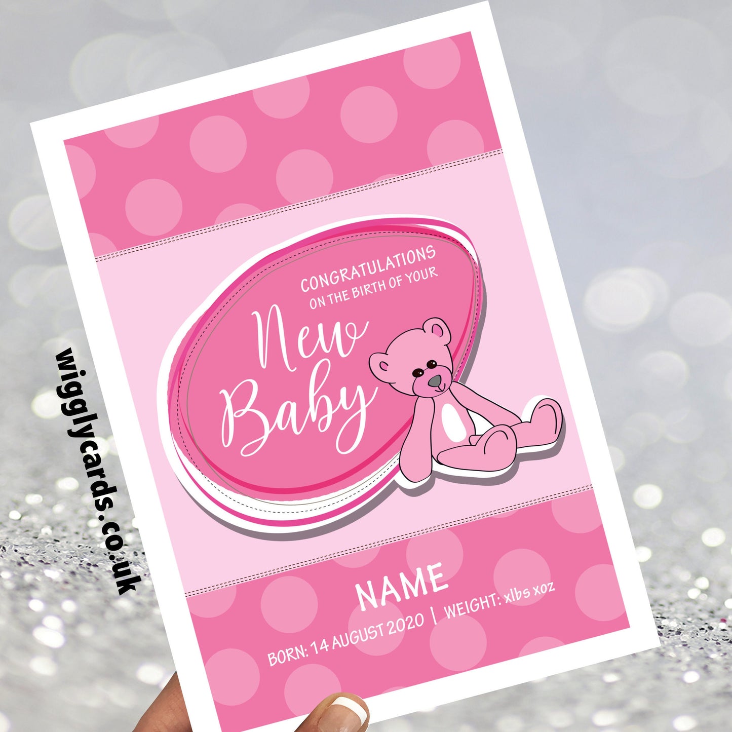 Pink bear new baby card
