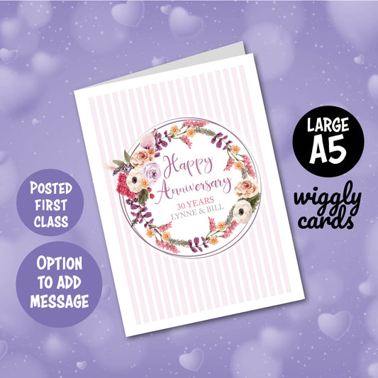 Lilac floral Floral Anniversary card, A5 size personalised card