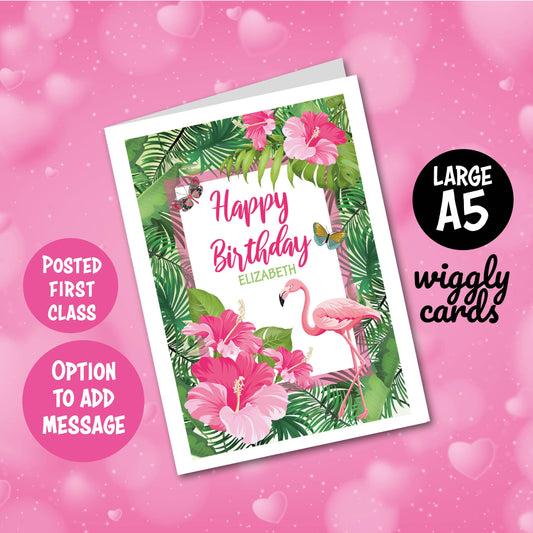 Personalised tropical flamingo birthday card