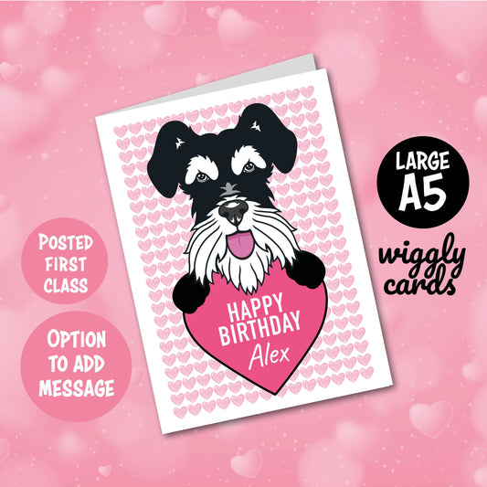 Black Schnauzer pink hearts birthday card