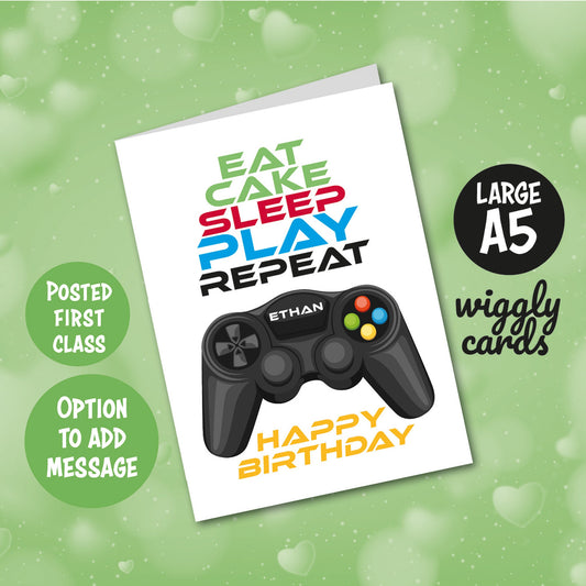 Gamers birthday card - Eat cake sleep play repeat