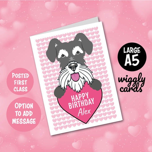 Grey schnauzer pink hearts birthday card