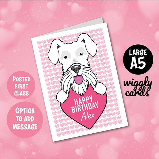 White schnauzer pink hearts birthday card