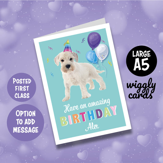 White Schnauzer puppy personalised birthday card