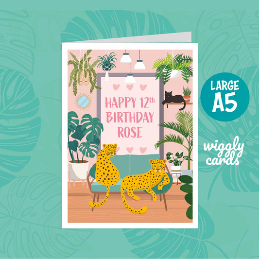 Tropical leopard birthday card