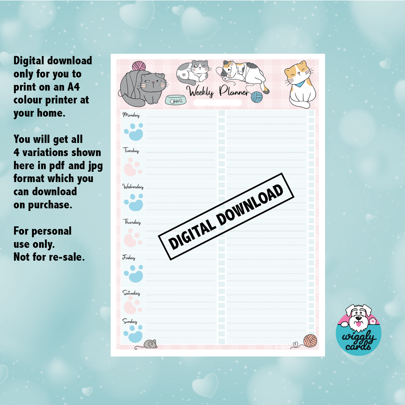 Cute cat weekly planner A4 download