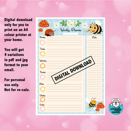 Cute ladybird bugs weekly planner A4 download